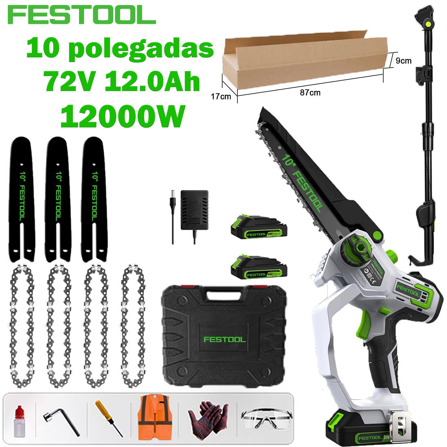 [La última motosierra de litio sin escobillas de Festool] Modelo de poste de extensión de 10 pulgadas: motor sin escobillas de 12,000 W + batería de litio de 72 V 12,0 Ah * 2, una batería puede durar 18 horas + placa guía * 3 + cadena * 4 + caja de herramientas + bolsa de trabajo segura de regalo (gafas, guantes, etc.) + cargador de carga rápida + 7 años de garantía + pértiga alargadora Telescópico de 1,5 m-2,5 m