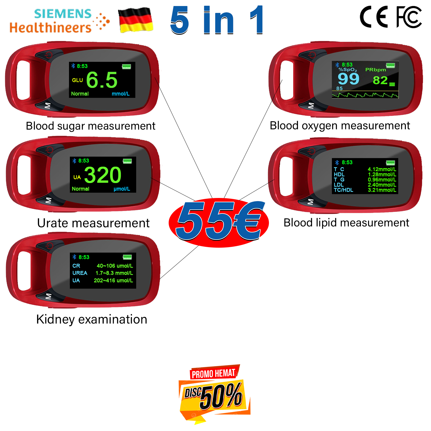 T02 (glucemia no invasiva + oxígeno en sangre no invasivo + ácido úrico no invasivo + frecuencia cardíaca no invasiva + presión arterial no invasiva)